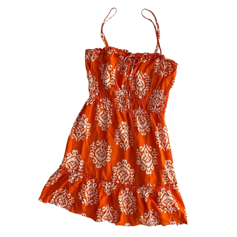 Boho Orange Paisley Smocked Mini Dress Sundress Whimsigoth Festival S / M
